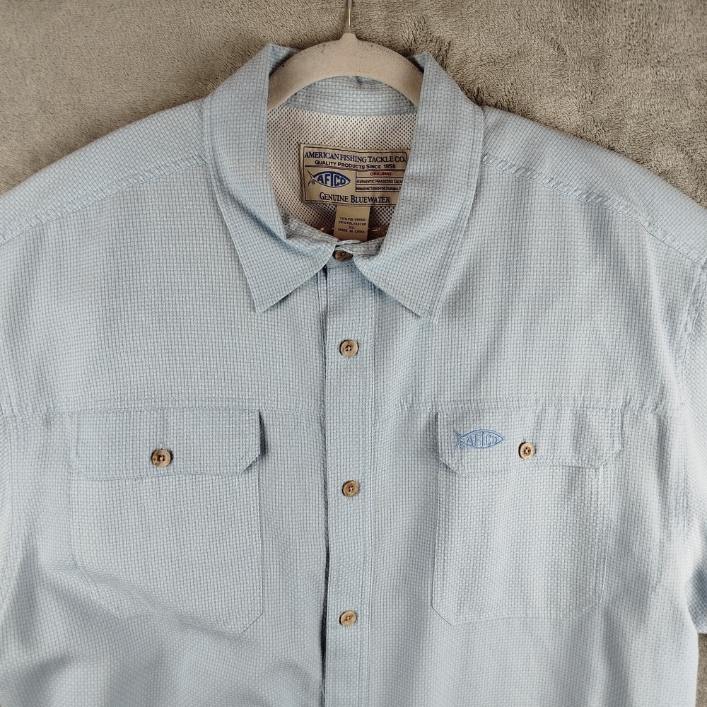 Aftco Bluewater Shirt Men XL Blue Check Button Short Sleeve Vented Fishing